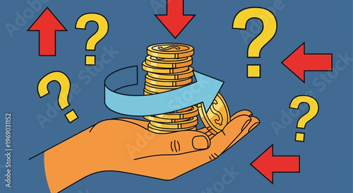 Hand holding stack of coins with arrows and question marks, symbolizing financial uncertainty and investment.