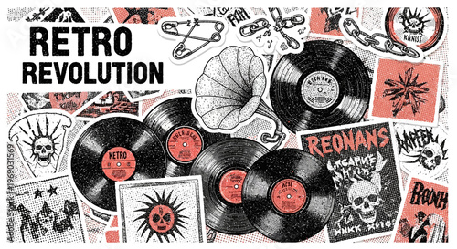 Retro Revolution: Vintage Vinyl Records, Gramophone, and Punk Rock Stickers