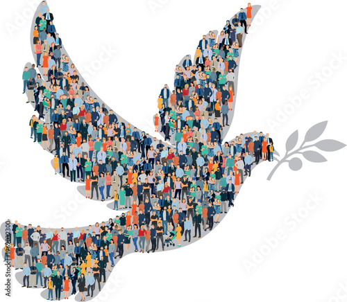 Une colombe formée par une foule de personnes symbolise la paix, l’unité et la force du collectif.