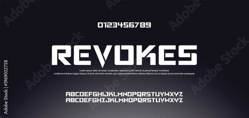 REVOKES Modern Bold Font. Regular and Number Typography urban style alphabet fonts for fashion, sport, technology, digital, movie, logo design, vector illustration