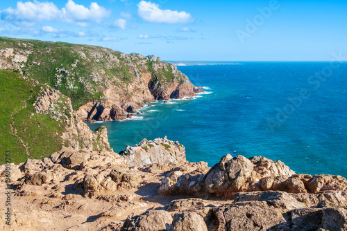 Cabo da Roca, Portugal near Sintra, Lisbon district. Dramatic cliffs in Atlantic ocean. Most western point of Europe. Beautiful seascape with rugged coast