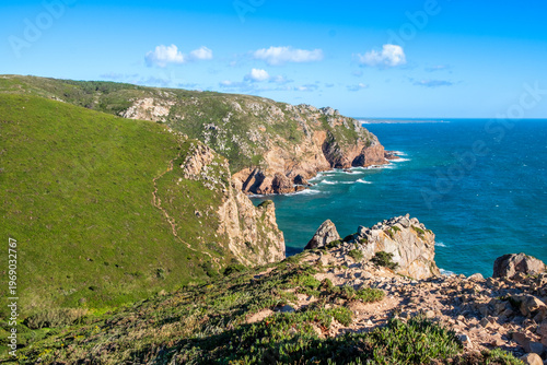 Cabo da Roca, Portugal near Sintra, Lisbon district. Dramatic cliffs in Atlantic ocean. Most western point of Europe. Beautiful seascape with rugged coast
