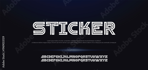 STICKER Modern stylized striped font - vector minimalistic design. Trendy english alphabet - simple linear latin letters and numerals. New creative signs typeface