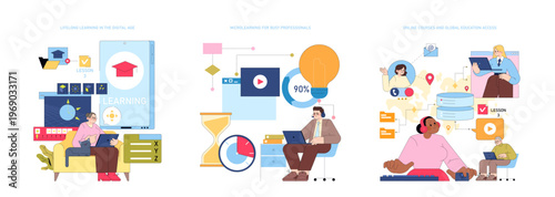 Online Learning and Microcourses Vector Illustration