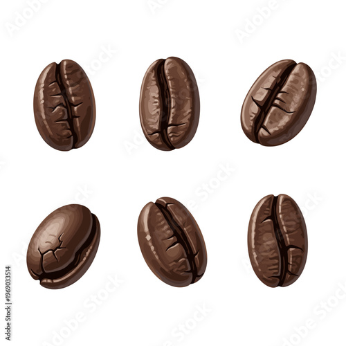 Six Roasted Coffee Beans Isolated on White Background 3.