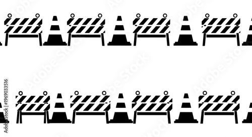 A row of traffic cones and barriers blocks the road with caution signs.