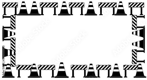 A group of traffic cones are arranged in a square border on ground.