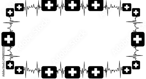 Medical symbols and crosses form a decorative border frame
