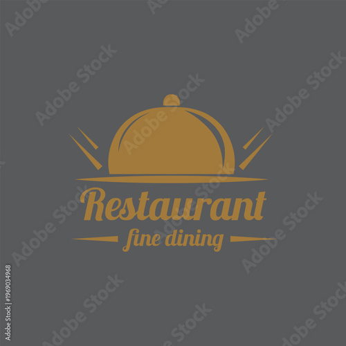 Elegant restaurant fine dining logo with cloche cover, minimal golden design, luxury hospitality branding vector illustration on dark background modern