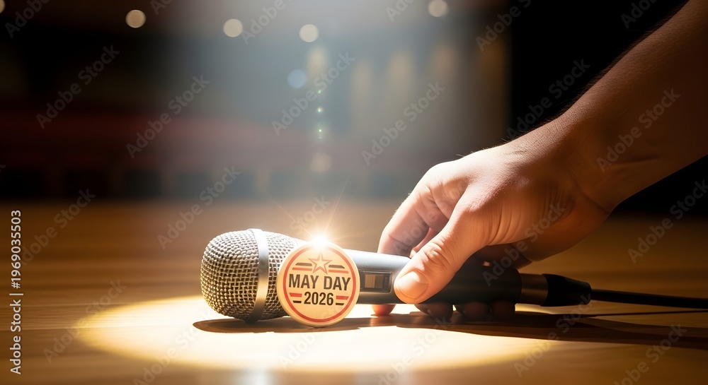 Fototapeta premium May Day Celebration 2026 Microphone on Stage with Spotlight and Hand, symbolizing tradition and community event