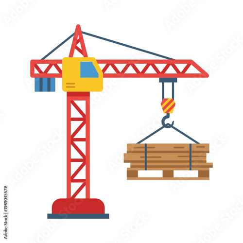 Construction crane lifting materials, flat vector, minimal style, white background