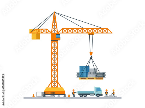 Construction crane lifting materials, flat vector, minimal style, white background