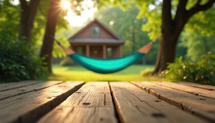 Wooden deck overlooks green backyard with hammock strung between trees. House sits in background with sun shining through leaves. Peaceful outdoor scene invites relaxation.