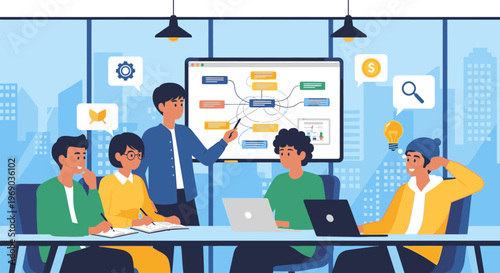 Illustration of a diverse team collaborating and brainstorming in a modern office with a large screen and laptops, conveying a productive and creative atmosphere.