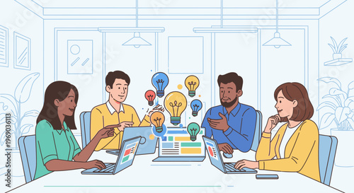 Diverse group of four colleagues collaborating on laptops with lightbulb ideas in a modern office setting with a bright and innovative mood.