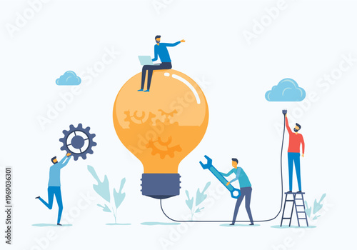 Flat illustration of four workers in various poses around a large lightbulb with tools and a laptop on a clean white background with a creative and collaborative mood.
