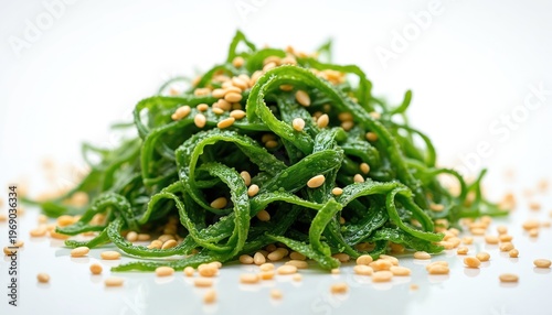 Green seaweed salad with sesame seeds, piled high on a white surface. This healthy ocean vegetable dish is a light meal. Nutrition, diet, and food preparation concepts.