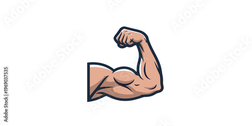 Cartoon muscular arm flexing bicep muscle.