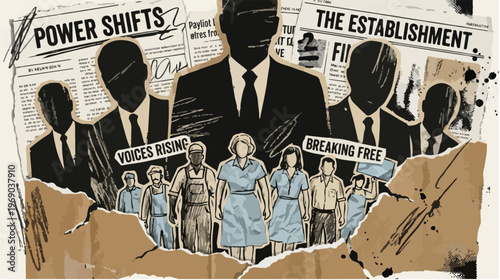 Illustration of a group of people standing in front of a torn newspaper background with speech bubbles and headlines, conveying a social commentary mood.