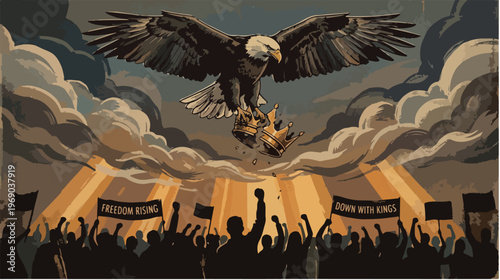 Illustration of a bald eagle soaring over a crowd of protesters with picket signs under a cloudy sky with a dramatic and symbolic mood.
