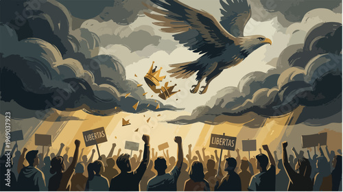 Dramatic illustration of an eagle flying over a crowd of people protesting with raised fists and signs amidst dark stormy clouds and a fiery background.
