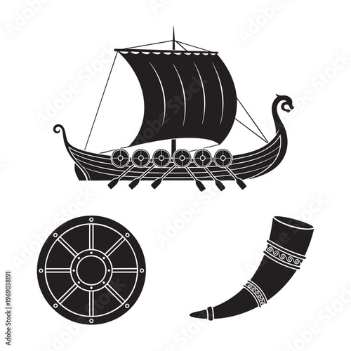 Viking Warrior Icons Longship Round Shield Drinking Horn Silhouette Vector