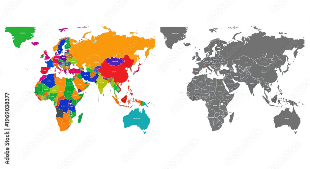 Fototapeta premium Colorful World Map with Countries Highlighted, Compared to Gray Outline Map