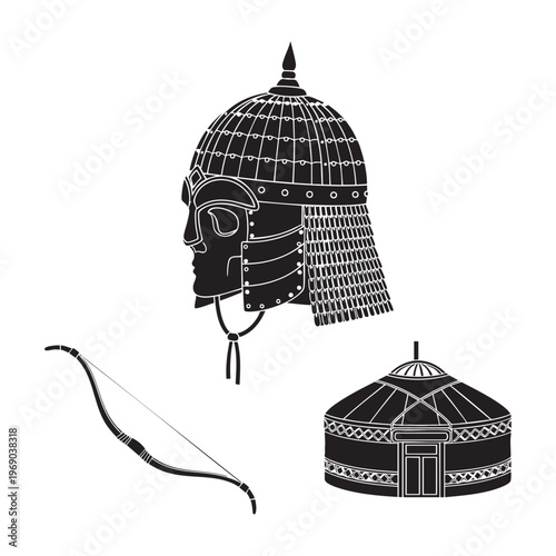 Mongolian Warrior Icons Lamellar Helmet Composite Bow Yurt Silhouette Vector