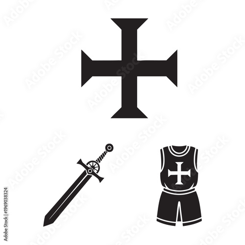 Crusader Icons Cross Pattee Great Sword Surcoat Silhouette Vector Set