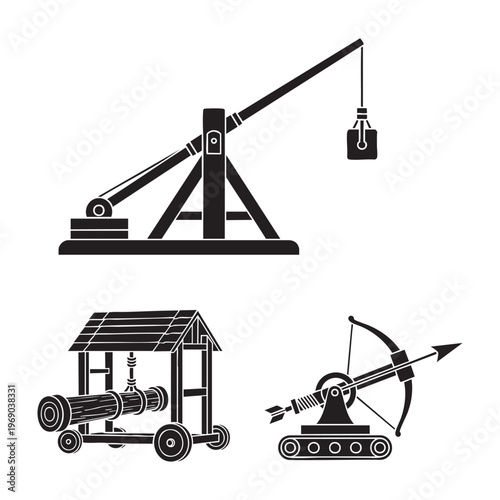 Quadro su tela Medieval Siege Weapons Icons Trebuchet Battering Ram Ballista Silhouette Vector