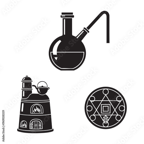 Ancient Alchemy Icons Retort Flask Athanor Furnace Philosopher Stone Silhouette Vector
