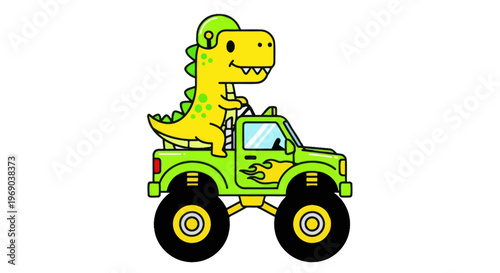 Cute cartoon dinosaur driving a monster truck, funny illustration for kids