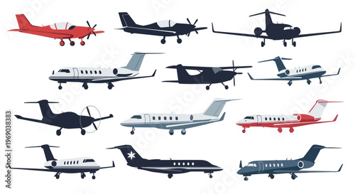 Diverse Aircraft Collection: Small Planes, Jets, and Turboprops on White Background