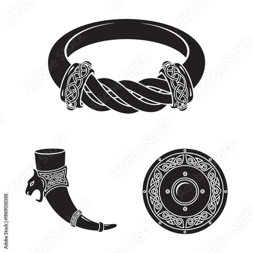 Celtic Warrior Icons Torc Carnyx Horn Shield Boss Silhouette Vector Set