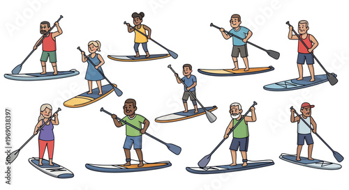 Diverse Group of People Enjoying Stand Up Paddleboarding on White Background