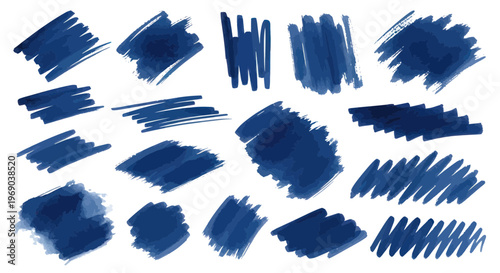 Collection of Blue Ink Brush Strokes and Scribbles on White Background