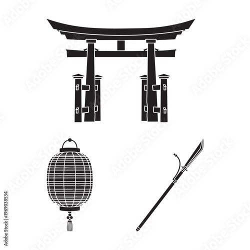 Feudal Japan Icons Torii Gate Paper Lantern Naginata Silhouette Vector Set