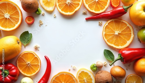 Assorted fruits, vegetables form colorful border. Sliced oranges, red peppers, kiwi, other produce arranged on white surface. Healthy ingredients for cooking or snacking are displayed beautifully.