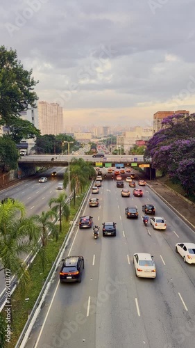 Highway traffic in the center of Sao Paulo, Brazil. During the sunset. March 26, 2026.