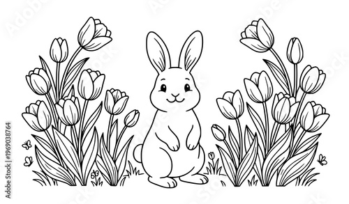 Cute rabbit with tulip flowers coloring page black and white Easter vector illustration isolated on white background