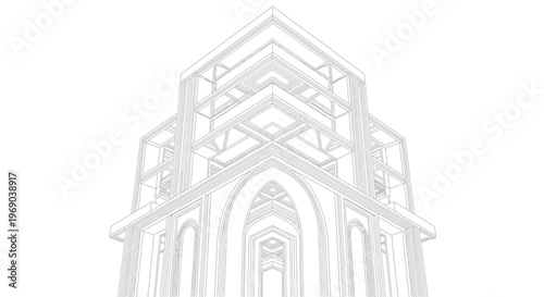 Minimalist geometric architectural structure illustration on white background, abstract modern building tower design concept art.