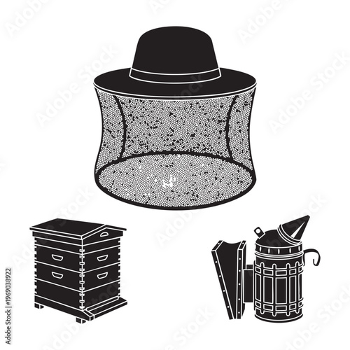 Beekeeper Profession Icons Hat Veil Hive Smoker Silhouette Vector Set
