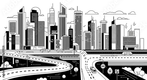 Modern city skyline illustration with high-rise buildings, urban infrastructure, complex road network, and traffic in black and white line art.