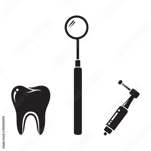 Dentist Profession Icons Mirror Tooth Drill Silhouette Vector Set