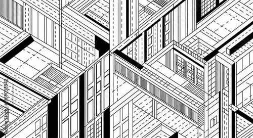 Minimalist Isometric Abstract Geometric Black and White Pattern with Interlocking Structural Lines, Modern Architectural Urban Design Background