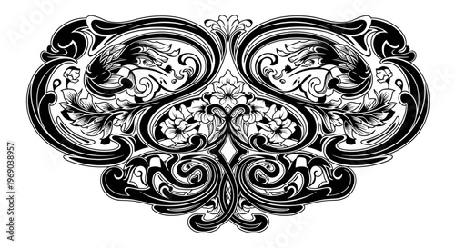 Ornate symmetrical black and white vector illustration with floral elements, stylized dragon heads, and intricate baroque scrolls