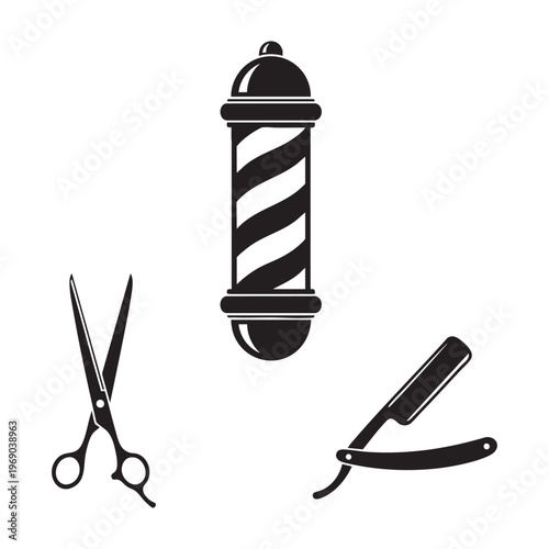 Barber Profession Icons Pole Scissors Razor Silhouette Vector Set