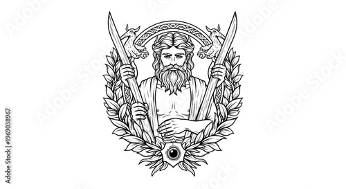 Black and White Illustration of Mythological God Holding Scepters with Laurel Wreath and All-Seeing Eye