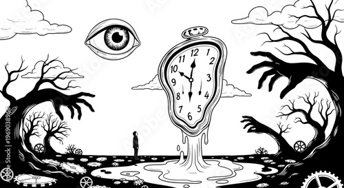 Surreal melting clock in a dreamscape with a lone figure, all-seeing eye, gnarled trees, and gears, representing time and perception.