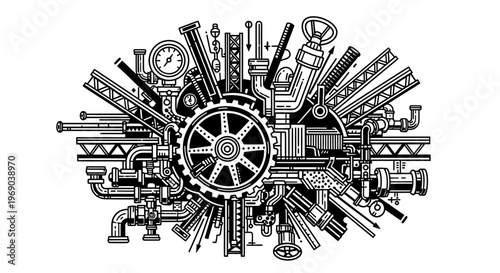 Intricate mechanical parts illustration. Detailed industrial engineering design with gears, pipes, valves, and tools in a monochrome steampunk style.